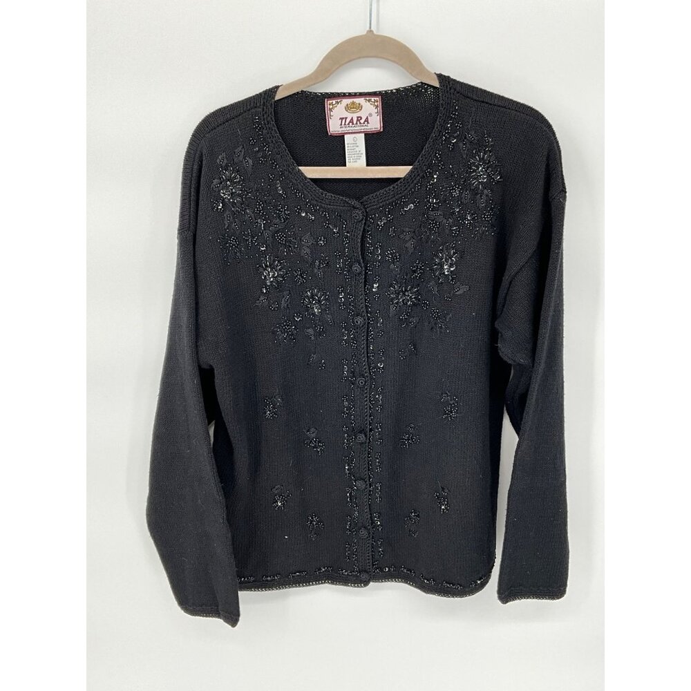 Black Embellished Tiara‎ International Sweater Cardigan L Ramie & Cotton Womens